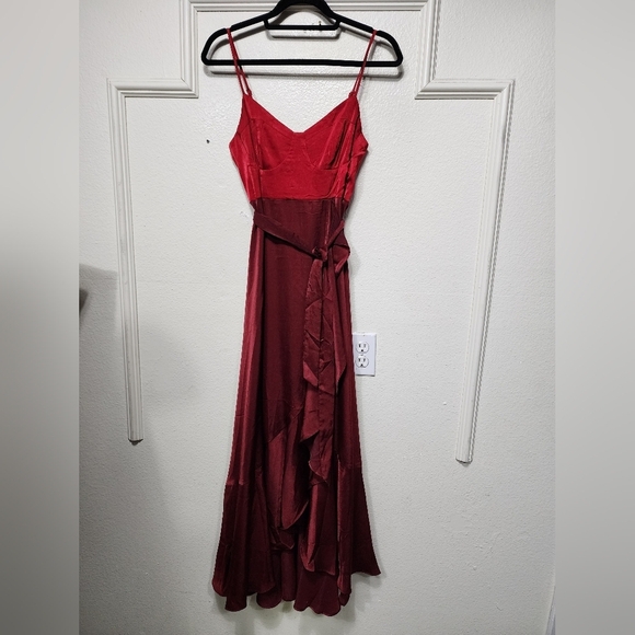 Lulus Double Darling Burgundy Color Block Satin Ruffled Maxi Dress S Wedding - Picture 6 of 12